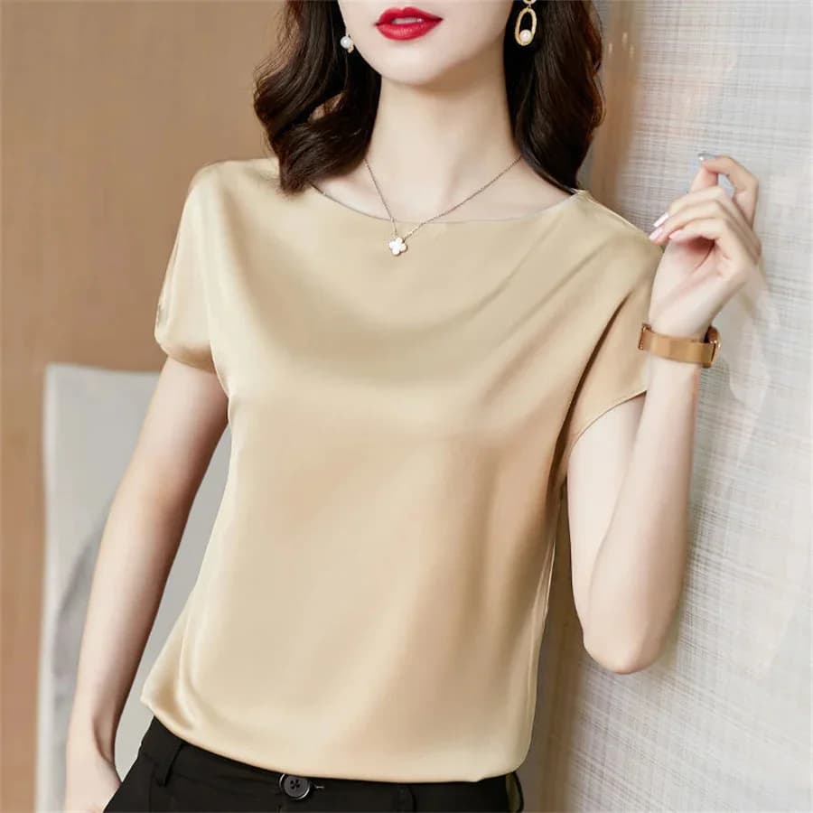 Camicetta estiva da donna Top Camicette con o-collo a maniche corte Camicetta in raso Camicie da donna Camicia allentata casual solida semplice Blusas