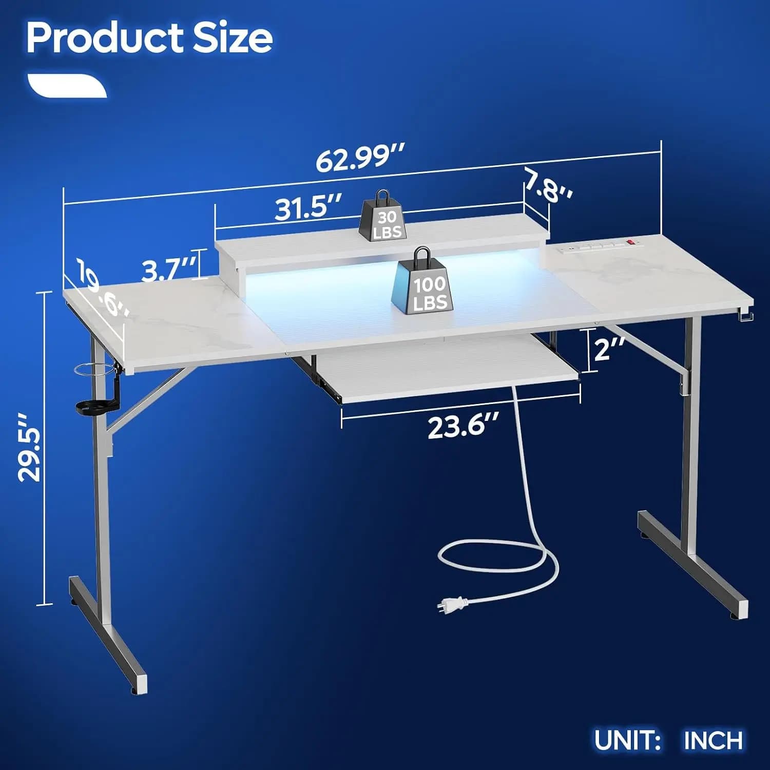 63 Inch Gaming Desk LED Lights Power Outlets Laptop Stand Keyboard Tray Headset Hook Home Office Carbon Fiber Marble, Customized