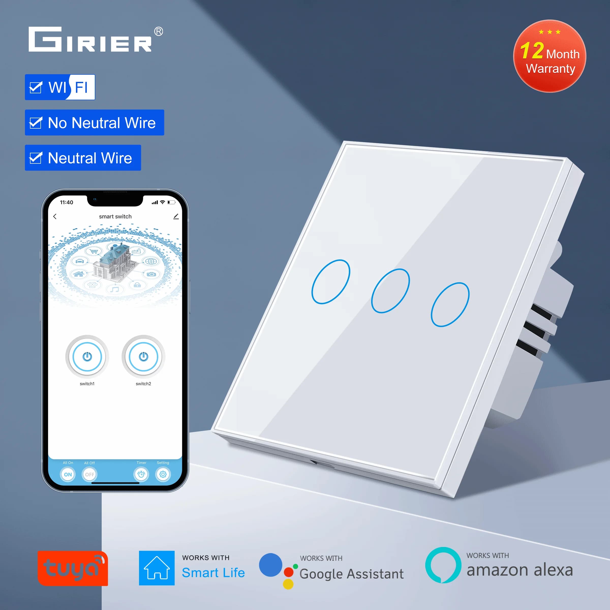 Wifi EU No neutral cable required Intelligent light switch 1 2 3 Gang 220V Tuya Smart Home Support Alexa Google Home