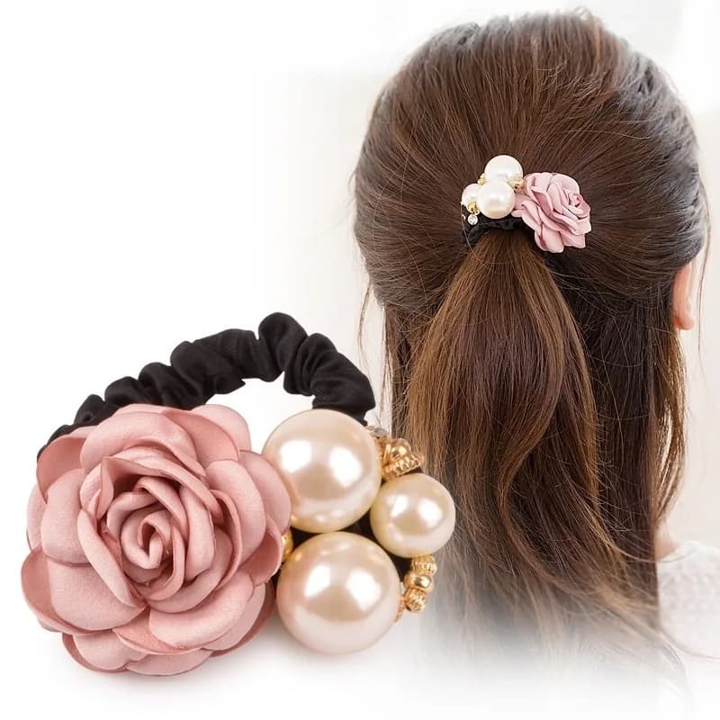 Fascia per capelli con fiore rosa perla imitazione, fascia per capelli, anello per intestino crasso, elastico
