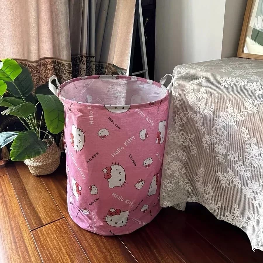 Linen basket Hello Kitty Classic Round 40*30cm in Cotton- Linen with Handles - Folding Basket for Clothes