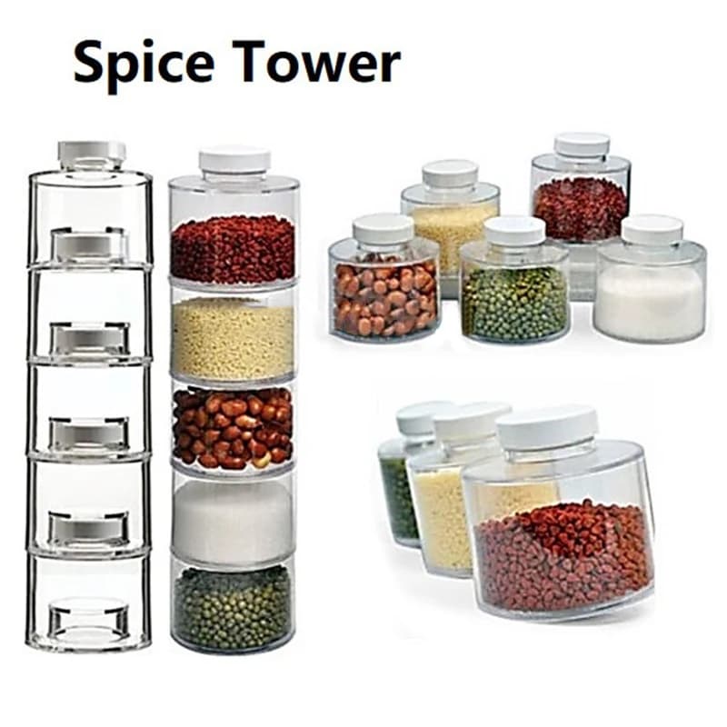 Set di 6 Barattoli per Spezie in Plastica, Contenitori Impilabili Trasparenti da 7,5 cm per Condimenti, Organizzatore da Cucina