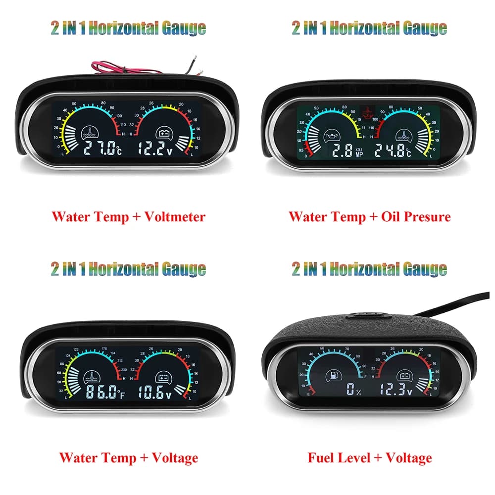 2In 1 Universal Car Horizontal Fuel Gauge & Water Temperature & Voltage 12v Voltmeter Oil Press Digital LCD RPM Tachometer 9~36v