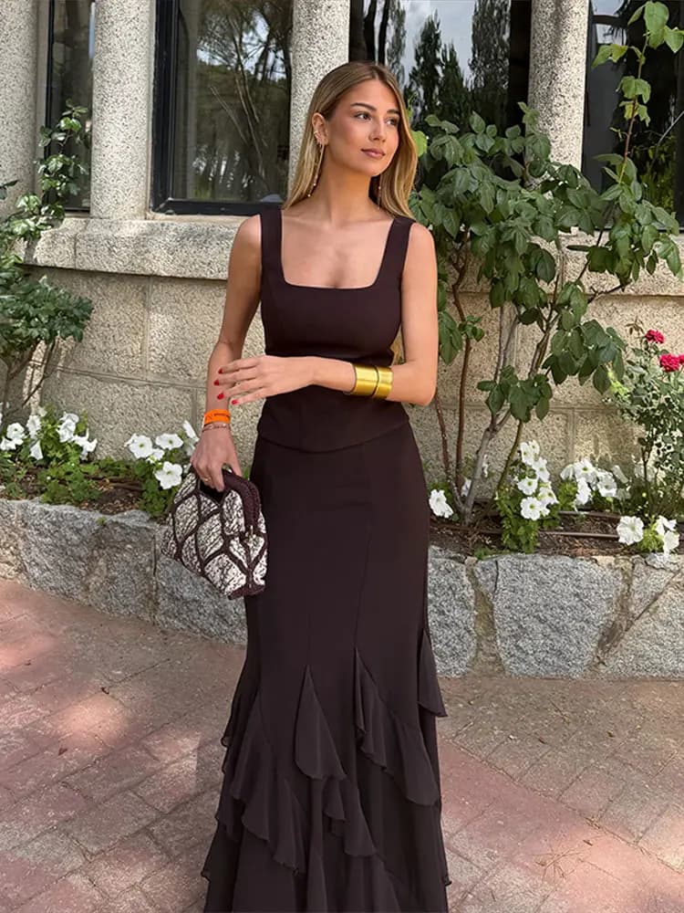 Elegant Patchwork Women's Top Skirt Suit Sleeveless Square Collar Sling Vest Ruffles Hem Skirts 2026 Summer Female Outfits New
