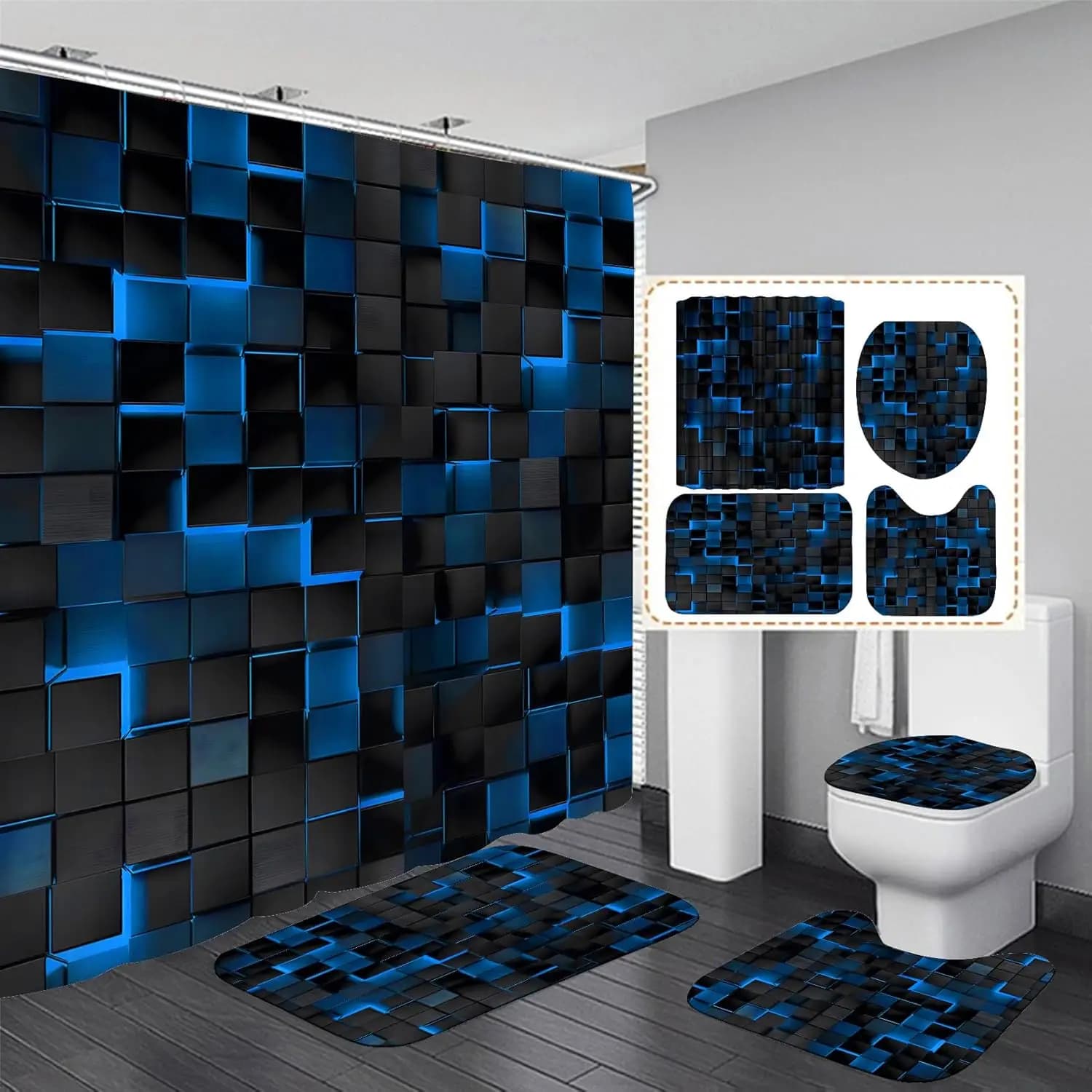 Set di 4 Tende da Doccia Blu con Design a Cubi 3D, Include Tappeti e 12 Ganci per Bagno Moderno