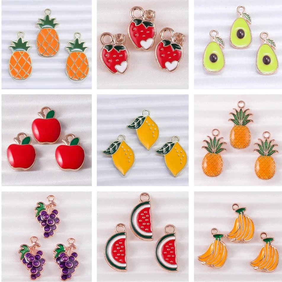 10 pz/lotto Mix Carino Smalto Frutta Mela Ciliegia Ananas Uva Pendenti e Ciondoli per la Produzione di Gioielli Donne Orecchini Pendenti Collane Regali