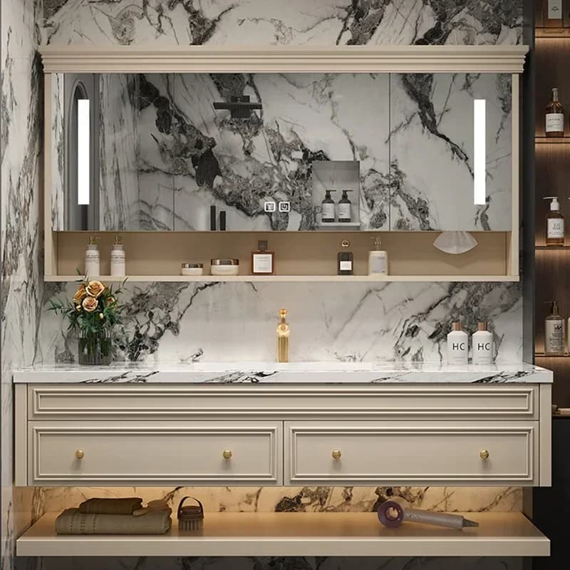 Mobile Bagno di Lusso Salvaspazio con Doppio Lavabo, Colonna Portaoggetti e Vano Farmacia Integrato in Legno
