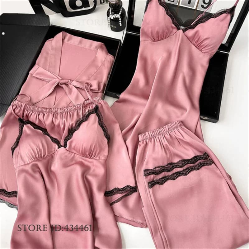 Nuovo Set Pigiama e Vestaglia da Donna Primavera Estate, Lingerie Sexy in Pizzo, Abito da Notte in Seta Satinata, Abbigliamento Comodo per Casa