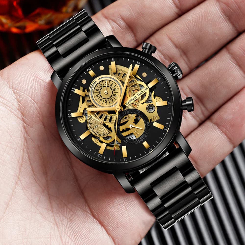Orologio al Quarzo Multifunzionale Hannah Martin per Uomo, Cinturino in Acciaio, Quadrante Grande 46mm Oro e Nero, Orologio Sportivo Casual