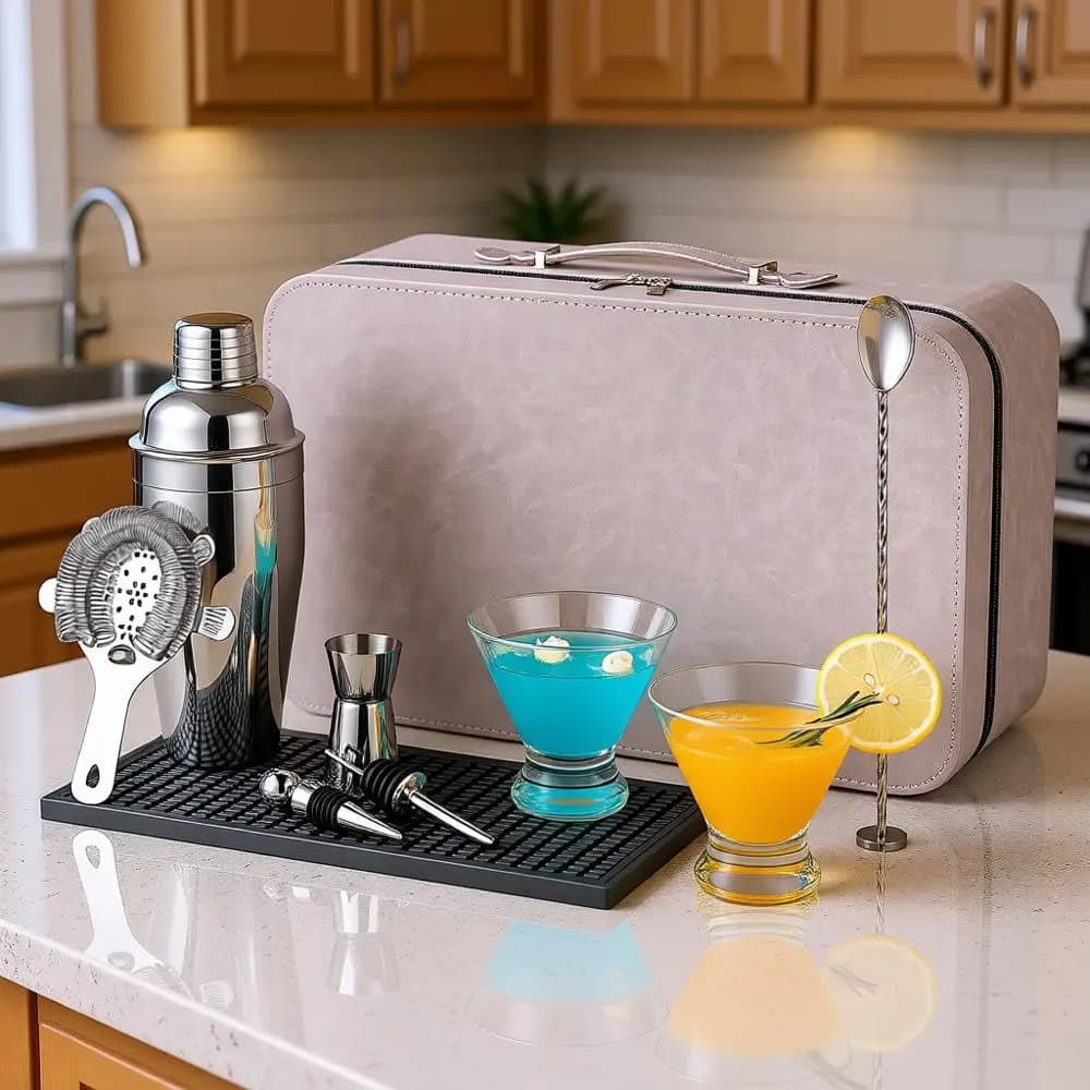 Kit da Viaggio con 2 Bicchieri, Set da Barman con Custodia e Schede Ricette, Set Shaker per Cocktail o Mixer, Set Shaker per Casa e Esterni