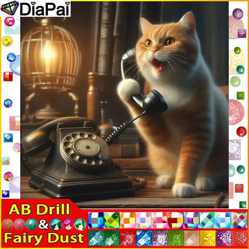 DiaPai Fairy Dust AB Diamond Painting Full Square/Round Diamond "Cat Animal Phone" Pattern ricamo punto croce 5D strass