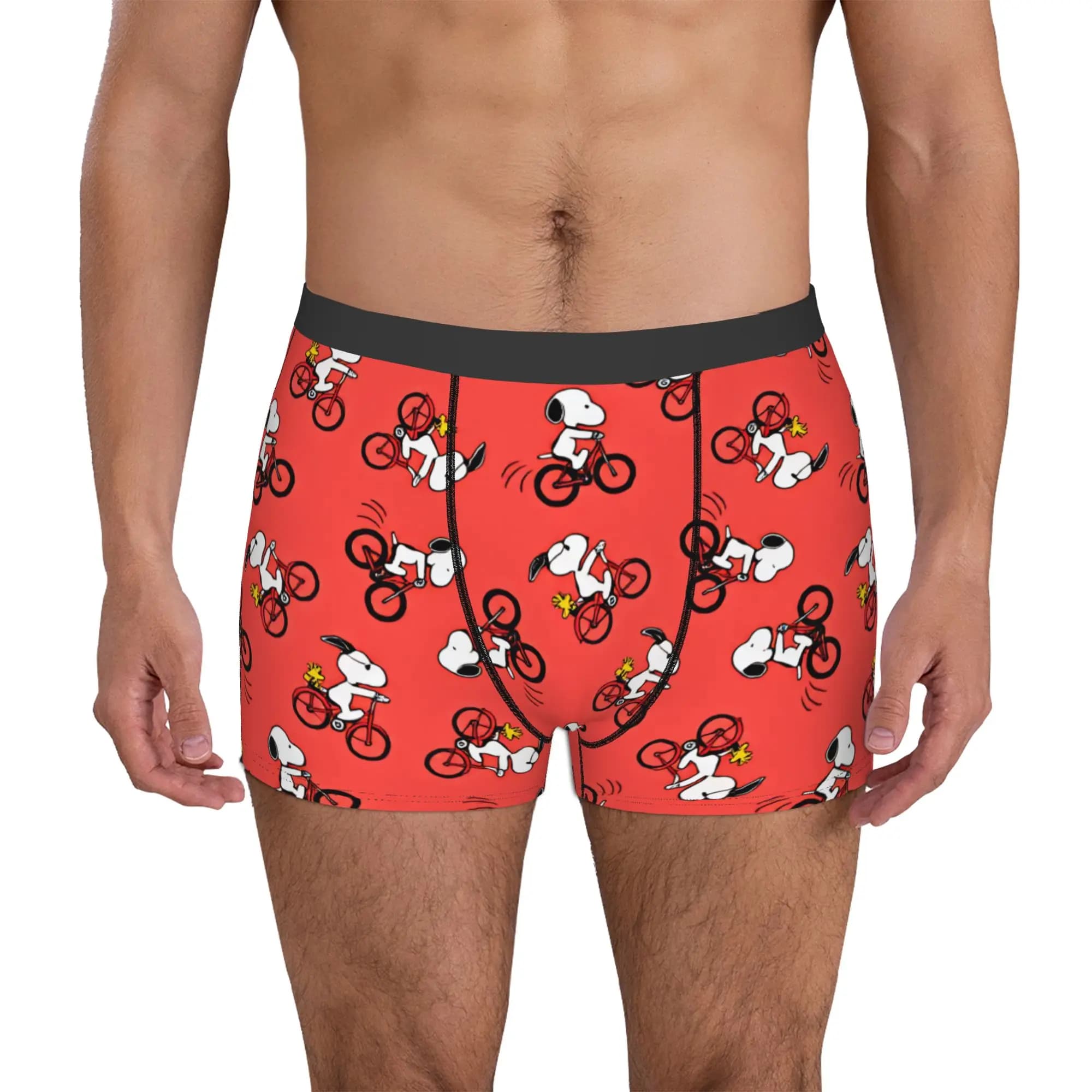 Peanuts Snoopy Cycling on Red Underwear Boxer da uomo con stampa, pantaloncini, mutandine, slip traspiranti
