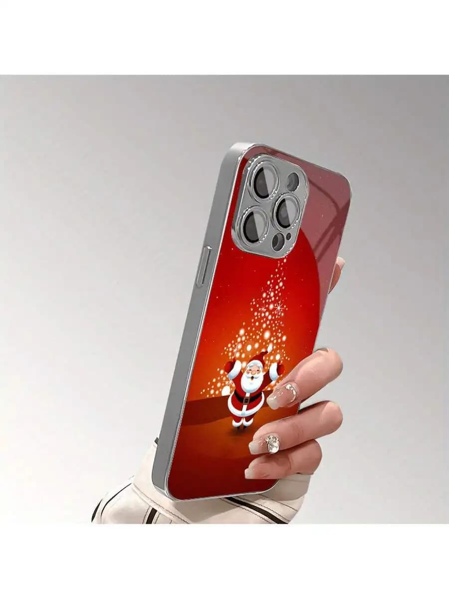 Custodia per telefono in vetro elettroplaccato rosso lucido con Babbo Natale, protezione completa anti-caduta per iPhone 16 Pro Max 15 Pro 14 Pro 13 Pro