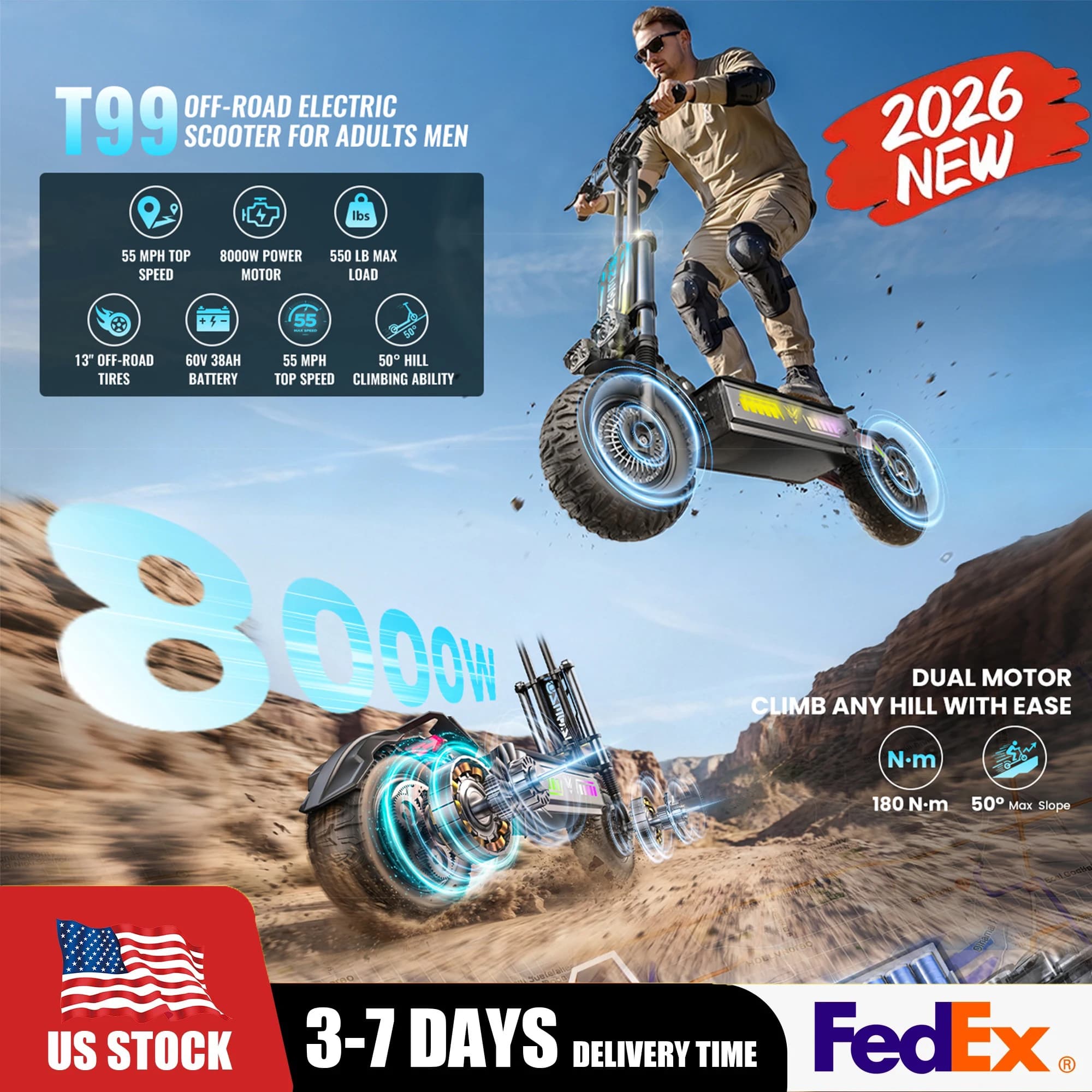 T99 8000W Dual Motor Adult Off‑Road Electric Scooter, 60V 38Ah Battery, 55MPH Max Speed, 75 Miles Long Range, All‑Terrain 13" Tires, NFC Card & App Control, Dual Front Rear Suspension UL2272 Certified
