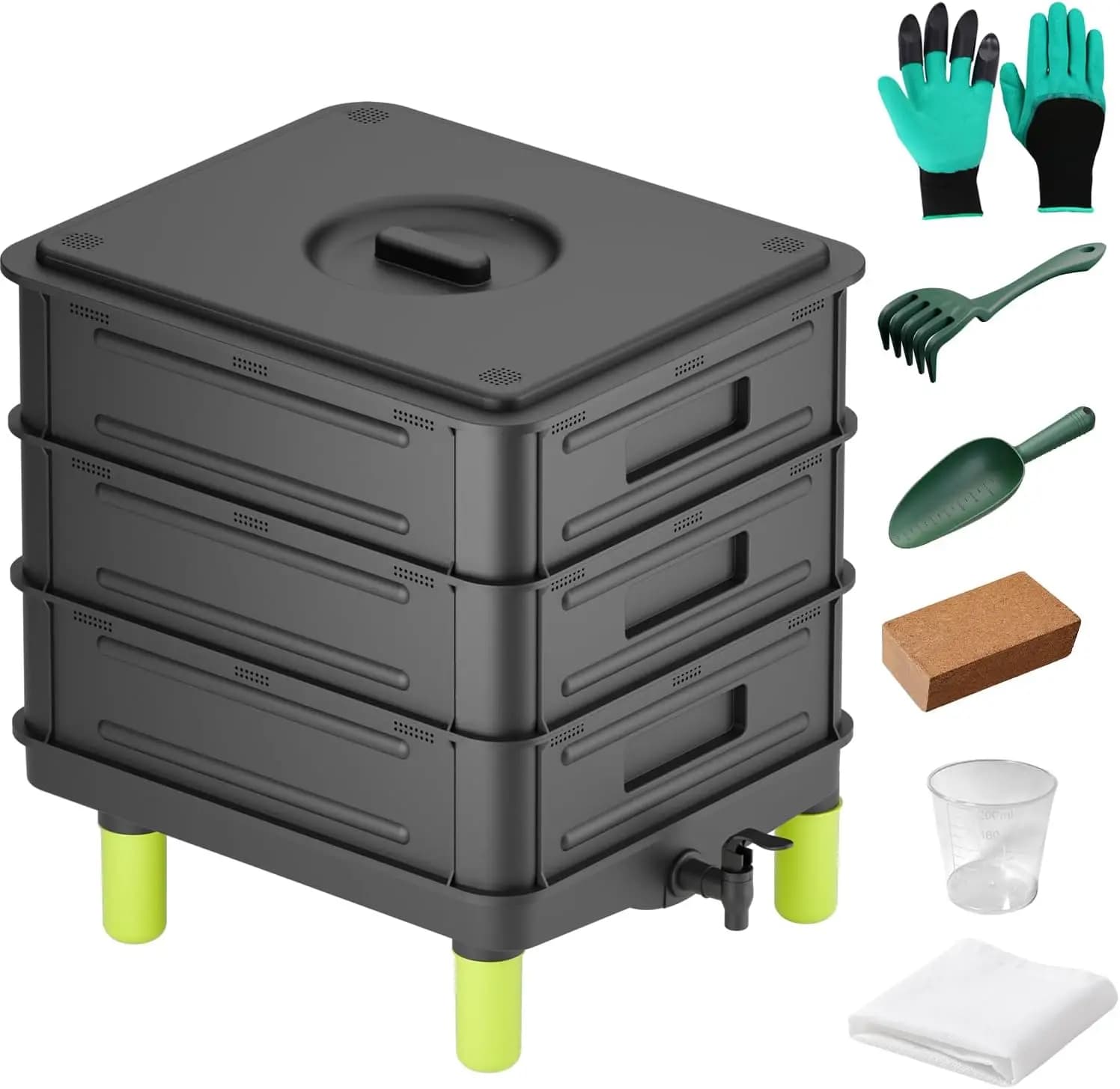 Composter per Vermicompostaggio a 3 Livelli 50L per Uso Interno ed Esterno, Kit per Riciclaggio Rifiuti Alimentari, Nero