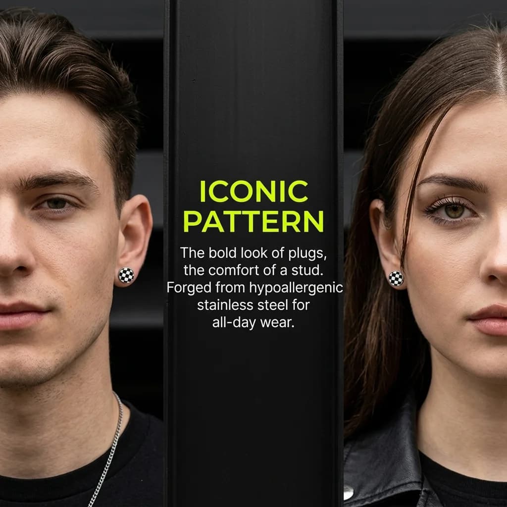 Black White Checkered Fake Plug Screw Stud Earrings Y2K Street Punk Stainless Steel Piercing Jewelry