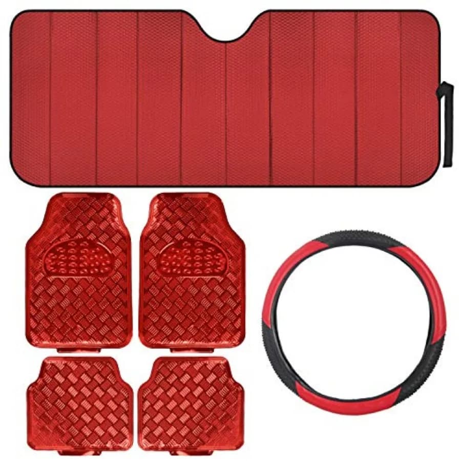 Set di 6 Accessori per Auto: Tappetini Anteriori e Posteriori Resistenti, Parasole per Parabrezza Anteriore, Coprivolante Ergonomico Sportivo