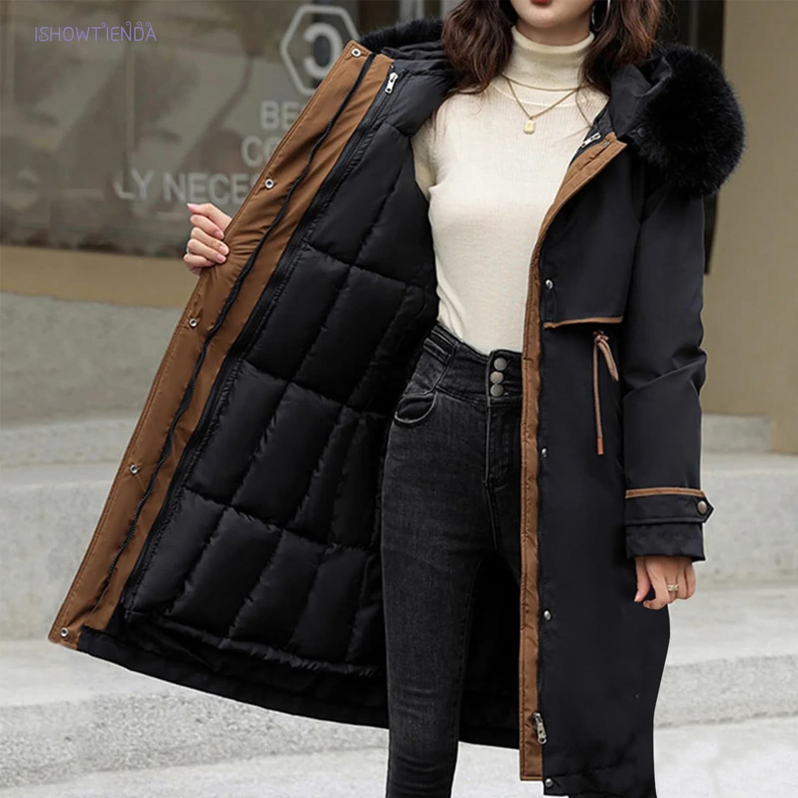 Giacca in cotone di media lunghezza da donna in stile coreano con cappuccio Giacche da donna invernali Cappotti in cotone da ufficio di media lunghezza Parka in pile caldo
