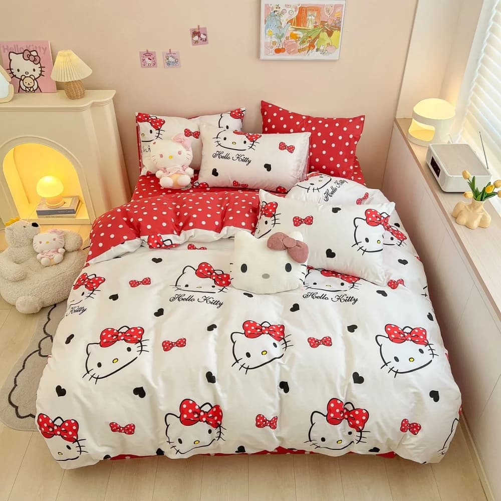 New Kitty Cat Bedding Set Cotton Kuromi Melody Duvet Cover Pillowcase Bed Bed Linens Girl Dorm Bedclothes Home Textile