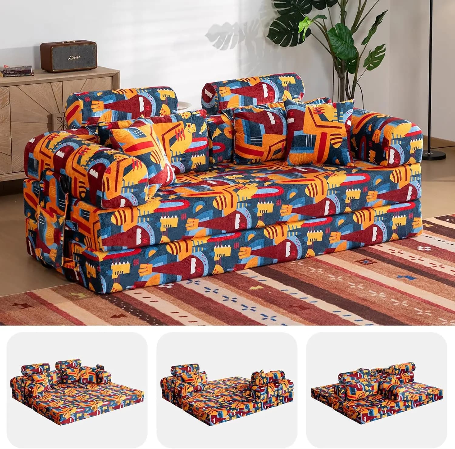 Graffiti B 79" 6-in-1 Convertible Boneless Corduroy Sofa Bed, High Backrest Loveseat Sleeper Couch with Pillows & High-Density Foam, No Assembly in a Box for Small Living Spaces