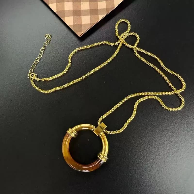 Fashionable Tortoiseshell Color Spliced Circle Metal Necklace for Women Sweater Chain Daily Commute Accessory
