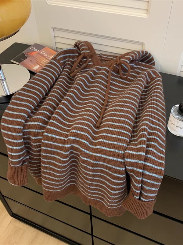 Korean Japanese Style Long Sleeve Drawstring Knitwear Striped Hoodie Women's plus Size Outerwear Casual High Waist A-Line Skirt