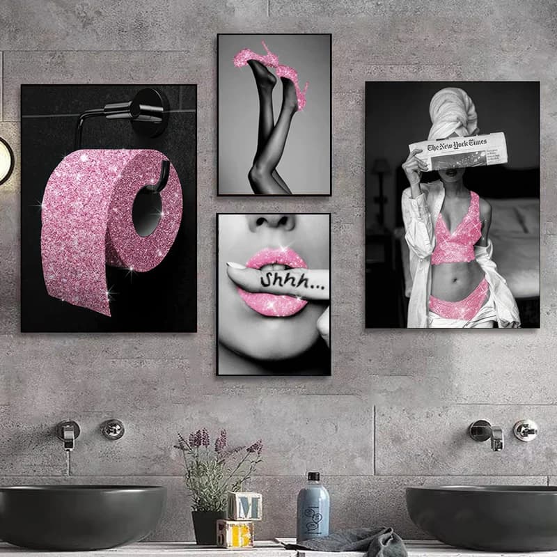 Black and Pink Toilet Posters Fashion Pink Woman Canvas Paintings And Prints HD Pictures For Washroom Bathroom Decor Frameles