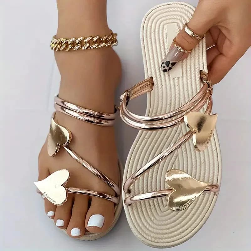 Elegant Women's Sandals Heart Flat Slippers New Open Toe Woman Slippers Outdoor Soft Sole Beach Slippers Slides Non Slip Sandals
