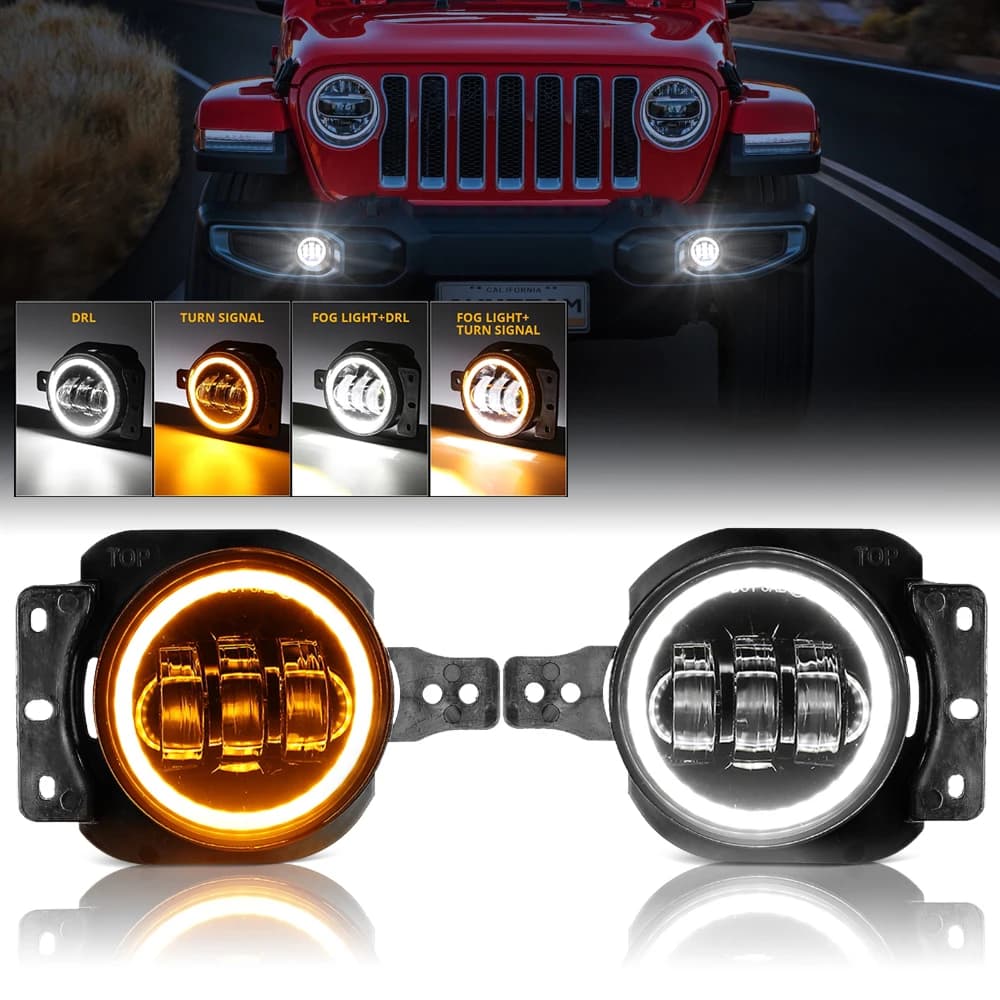 60W DRL LED front fender with wiring and mounting bracket with Halo Angel Eyes ring for Jeep Wrangler JL 2018- 2022
