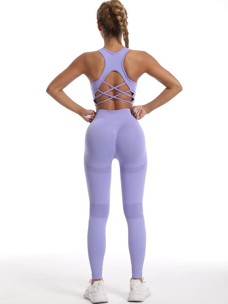 Set Sportivo Donna 2 Pezzi: Reggiseno Sportivo Viola con Spalline Incrociate e Leggings a Vita Alta, Senza Cuciture, Asciugatura Rapida per Palestra, Yoga, Pilates