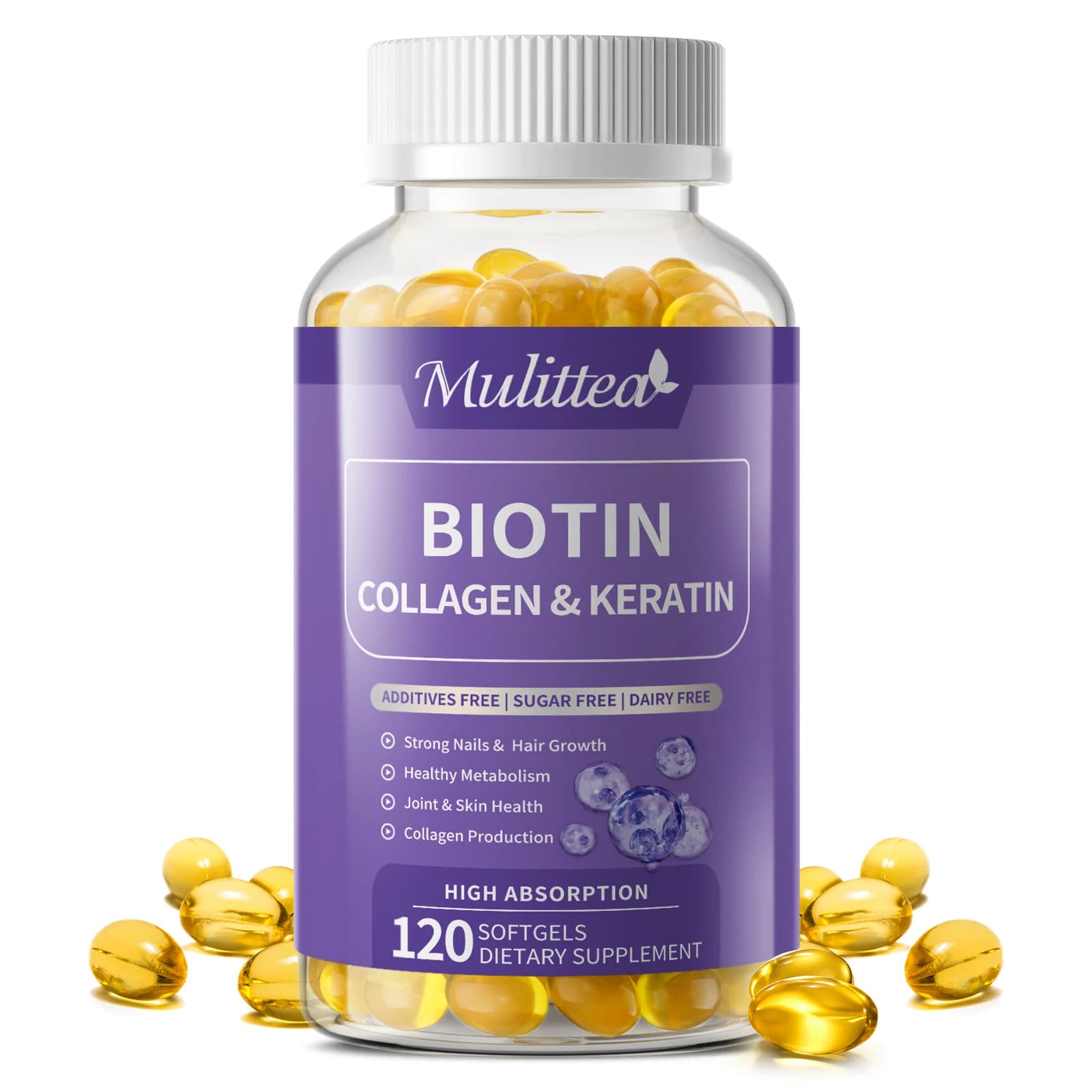 Mulittea Capsules of Biotin and Collagen for Nails, Shining Hair, Skin, Vegetarian Capsules, Supplement for Beauty and Health