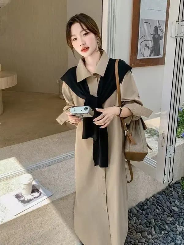 Abito chemisier taglie forti da donna, casual, a taglio dritto, a maniche lunghe, con colletto, stile cappotto, vestito snellente e versatile, moda autunnale