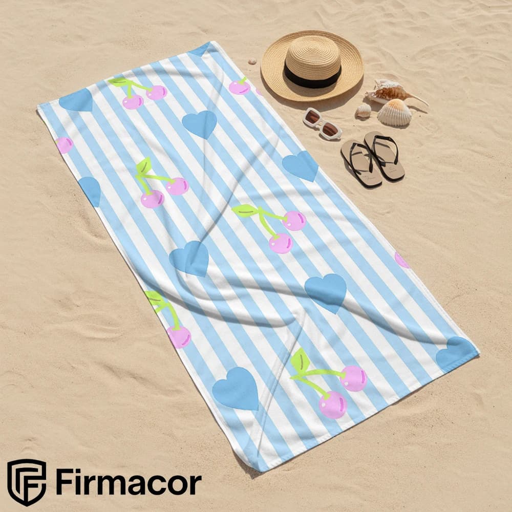 Blue & White Stripe Cherry Soft Portable Travel Towel Ultra Lightweight Microfiber Oversized Sand Free Quick Dry Beach Towel