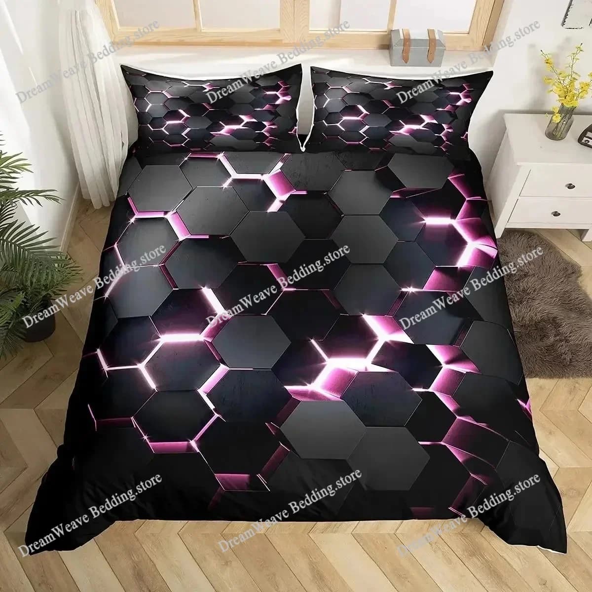 3D Honeycomb Duvet Cover Set Queen Size Geometry Hexagon Theme with Neon Lights Chic Comforter Bedding Set for Boys Teen Man9639