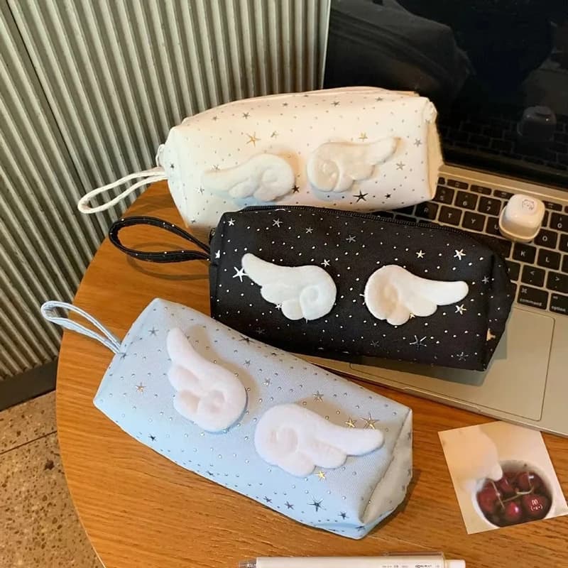 3d Angel Wings Pencil Case Cute Star Print Makeup Brush Storage Bag Girls Cute Zippered Wallet Portable Travel Toiletries Bag