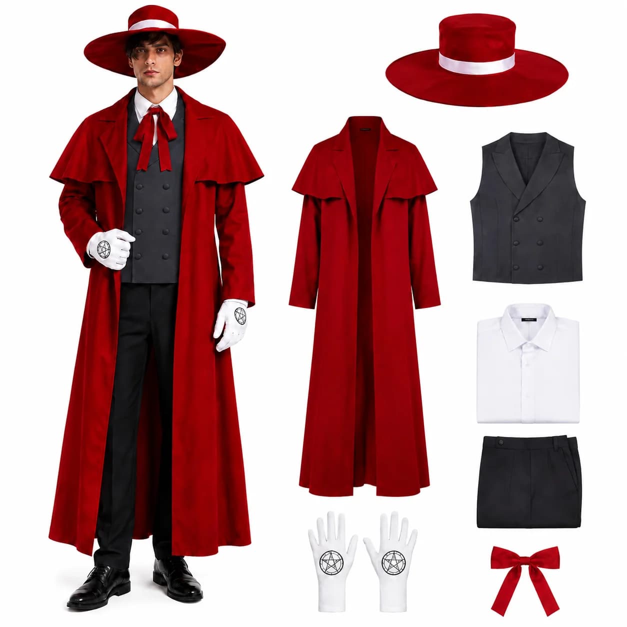 Anime Alucard Cosplay Costume Men's Anime Vampire Cosplay Costume Red Long Coat Outfit with Hat Vest Shirt Pants