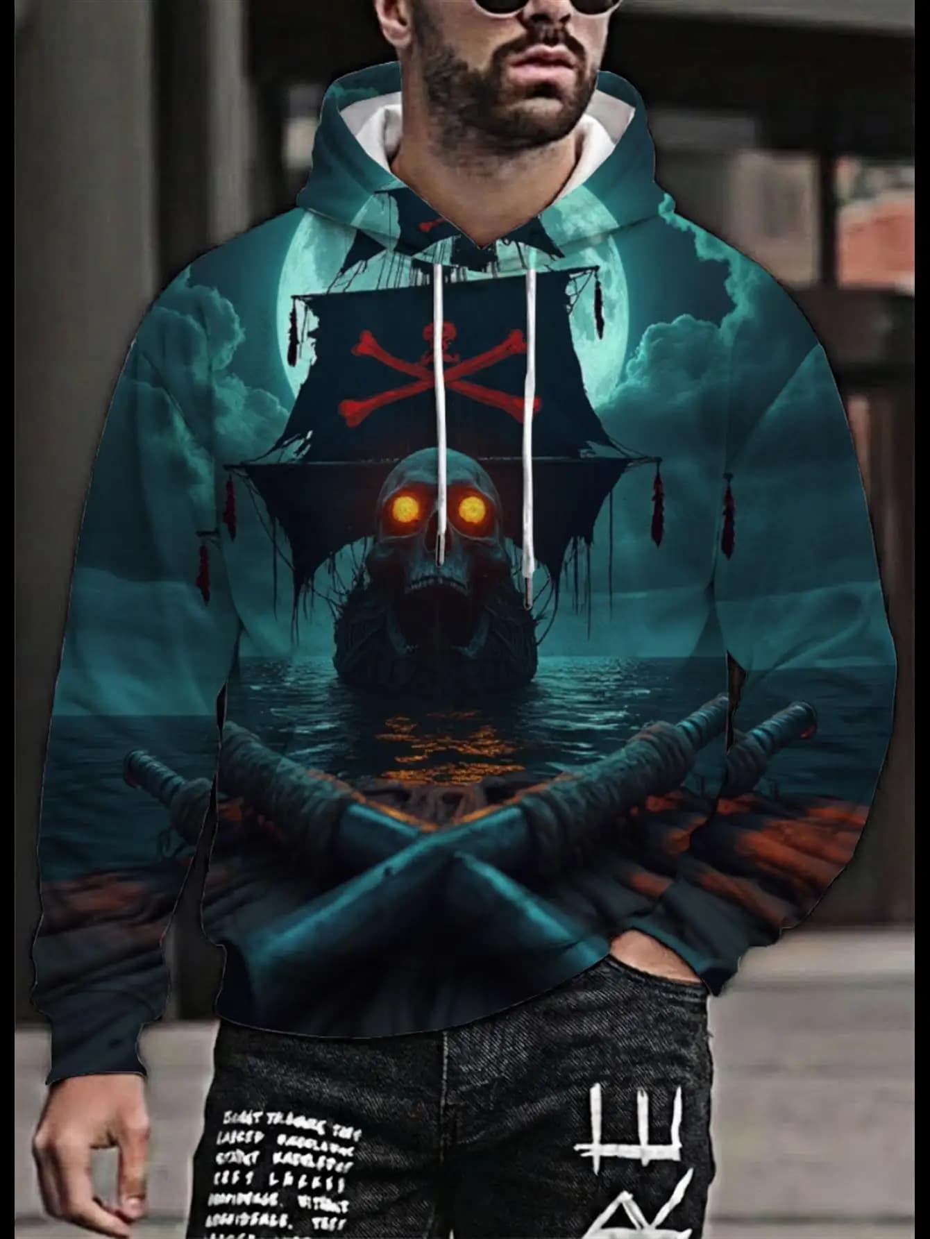 Men All Over 3D Print Hoodie Ghost Pirate Ship Skull Crossbones Night Sea Moon Graphic Drawstring Oversized Street Pullover
