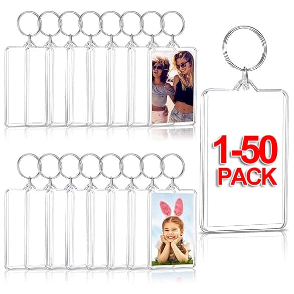 1-50 pezzi portachiavi con inserto in bianco acrilico trasparente rotondo Sauqre cornice per foto rettangolo portachiavi supporto fai da te anello diviso regali