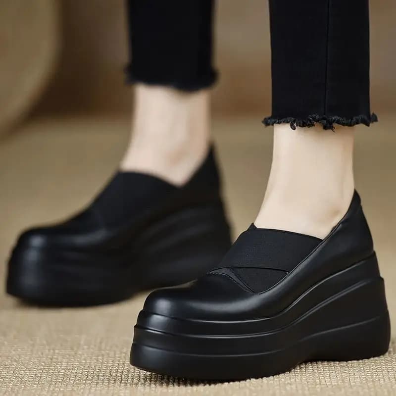 Women Leather Platform Wedge Loafers Slip On Thick Sole Height Increasing Shoes Round Toe Elastic Band Comfort Casual Moccasins
