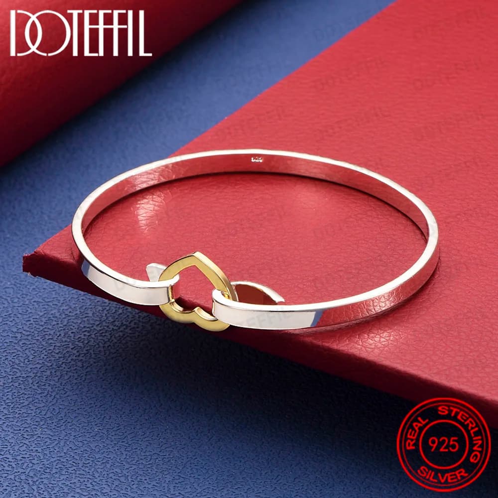 925 Sterling Silver Gold Heart Bangle Bracelet For Woman Wedding Engagement Fashion Charm Party Jewelry