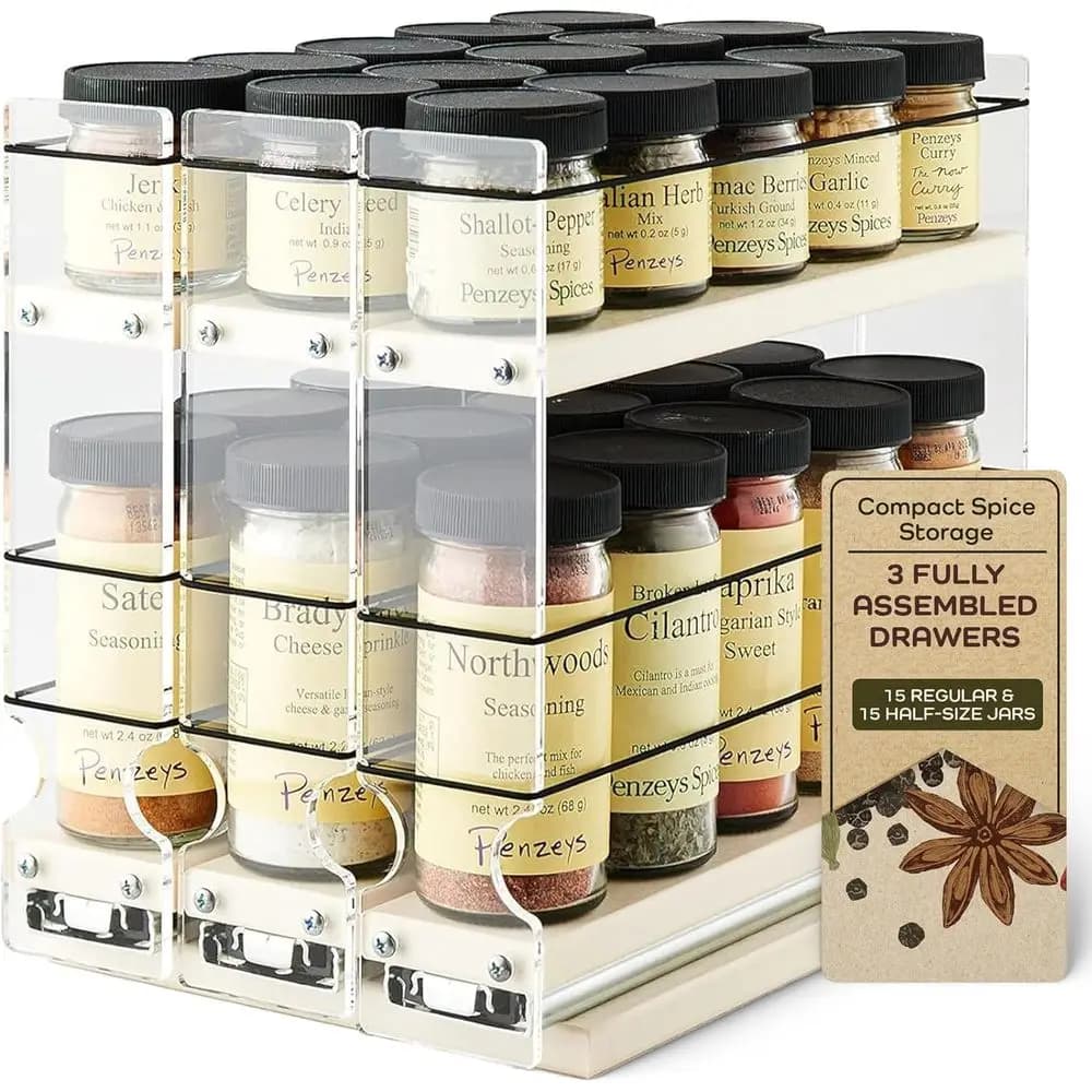 Organizzatore per spezie da parete - 3 livelli, 15 barattoli normali e 30 barattoli di mezza dimensione - Organizzazione cucina - Ripiano estraibile (6,9 L x 9,25 A x 10)