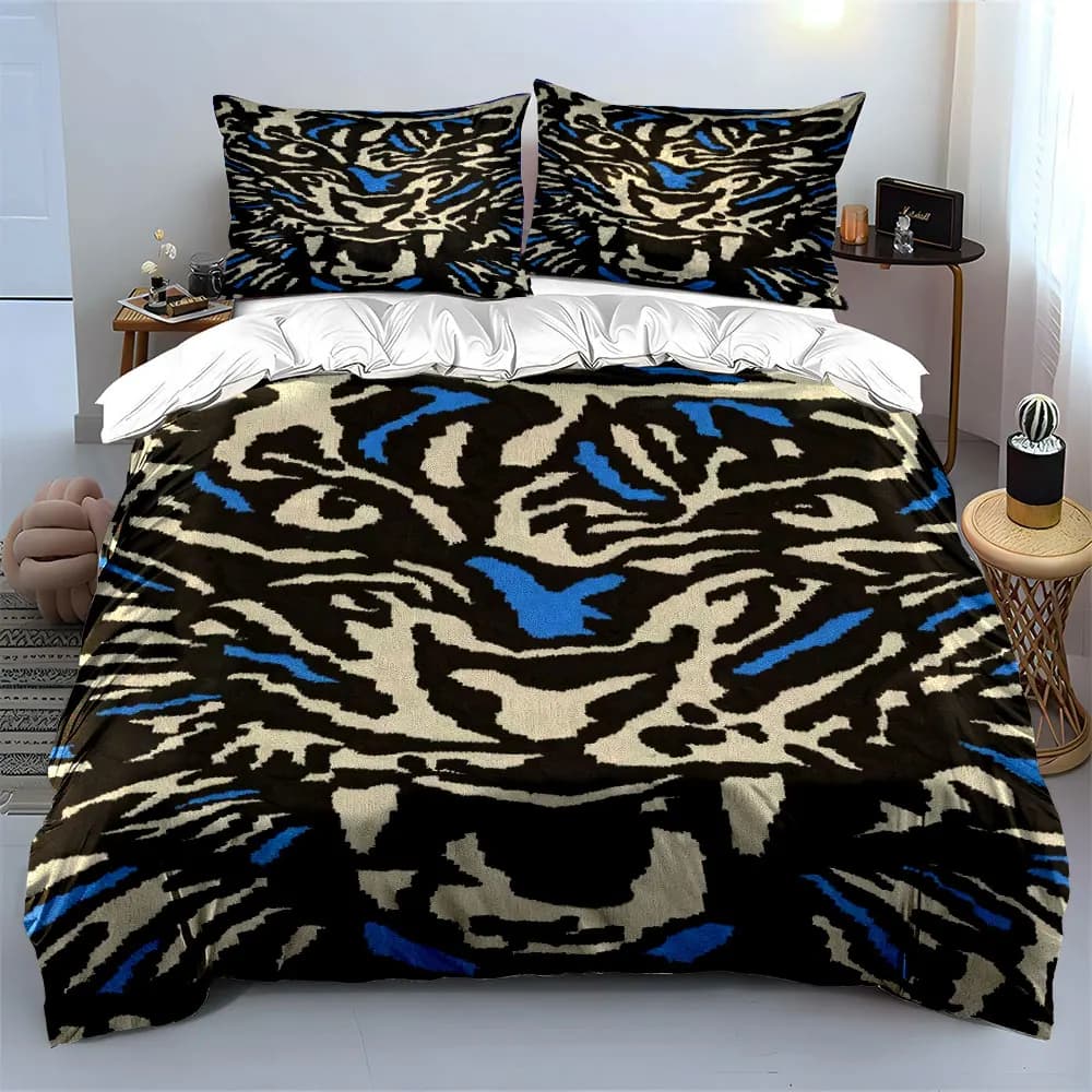 Set di biancheria da letto con strisce zebrate e accenti blu, 3 pezzi, copripiumino con stampa animalier testurizzata in bianco e nero, singolo, matrimoniale, king, queen, regalo