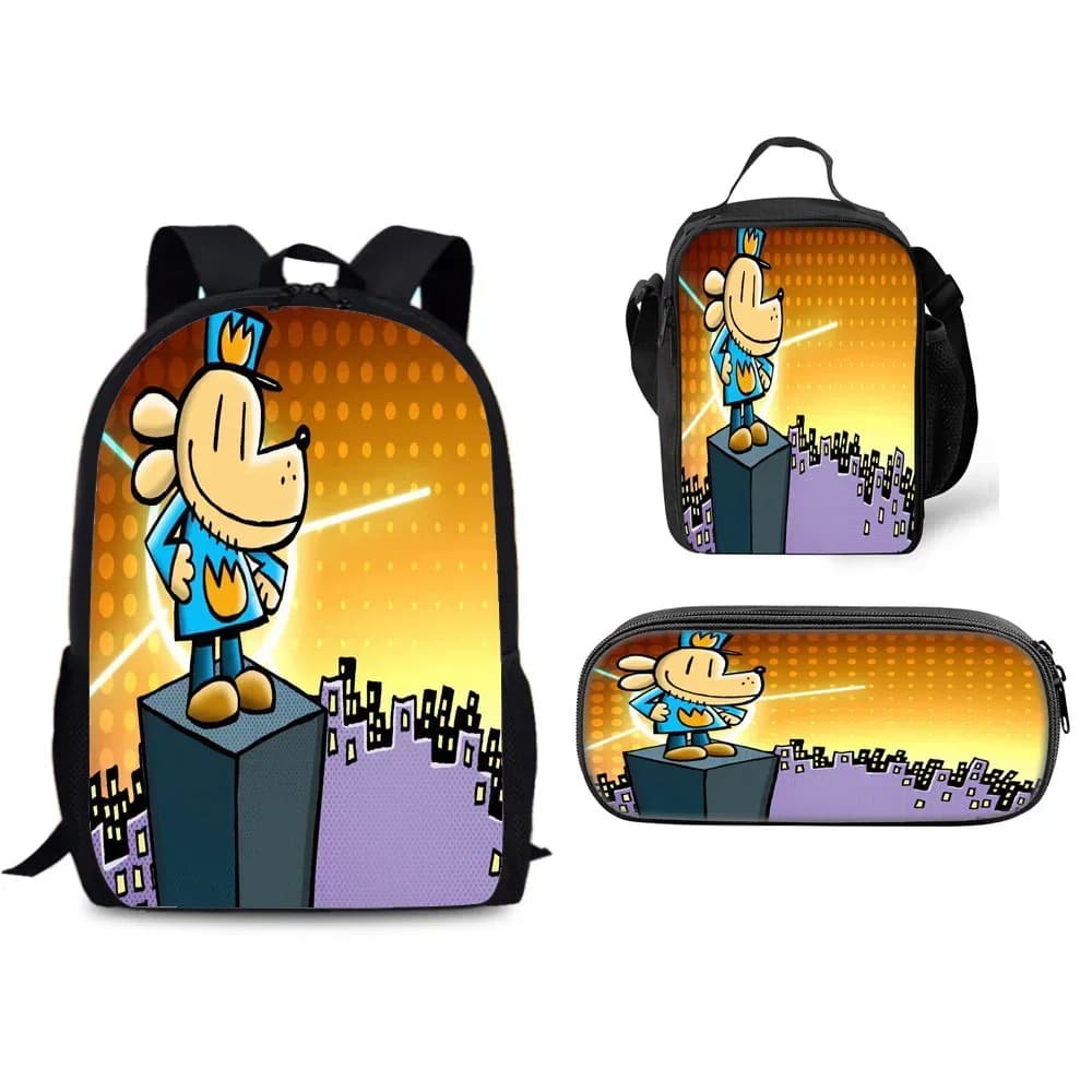 Cartoon Dog Man Backpack Schoolbag Lunch Bag Pencil Case Set for Kids Students