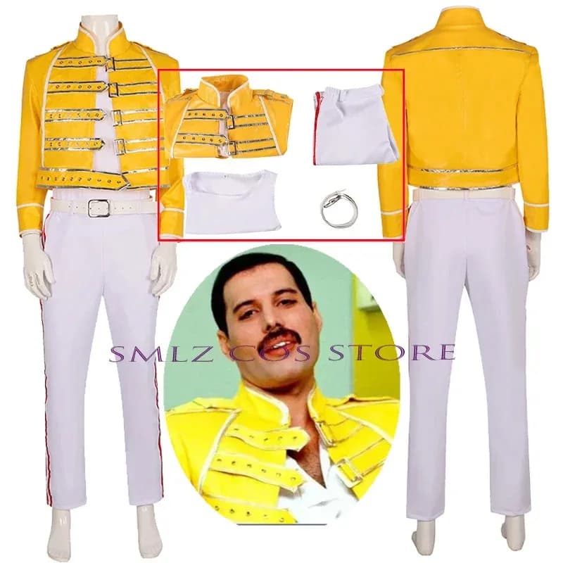 Il costume di Freddie Mercury come la Regina dell'Anime, in un vestito giallo, adatto per feste di Halloween e Natale