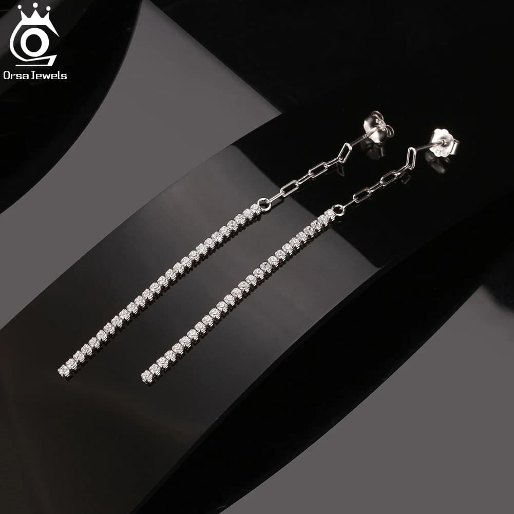 ORSA JEWELS Women's Zircon Long Tassel Earrings 925 Sterling Silver Hypoallergenic Tennis CZ Shiny Dangle Drop Earrings SE110