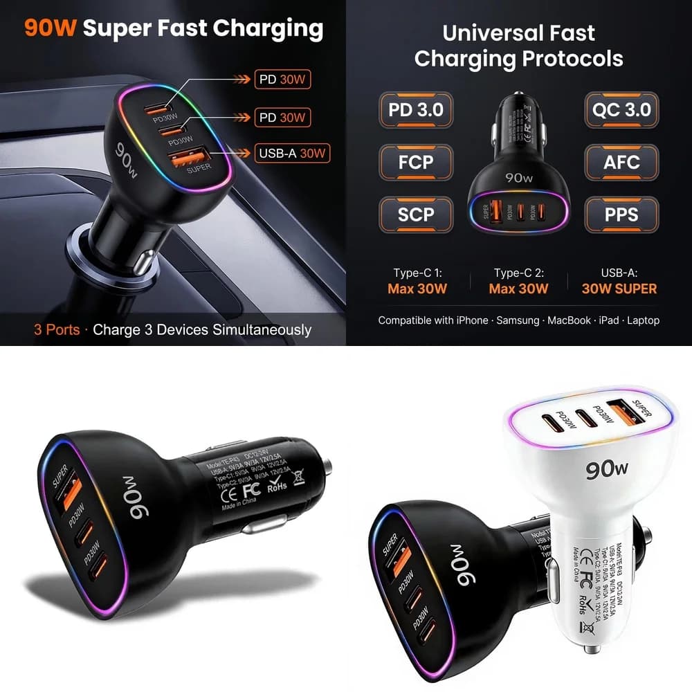 90W Car Charger 3 Port Dual PD 30W Type C USB A 30W Super Fast Charging Adapter PPS QC3.0 SCP RGB LED Light for Laptop Phone