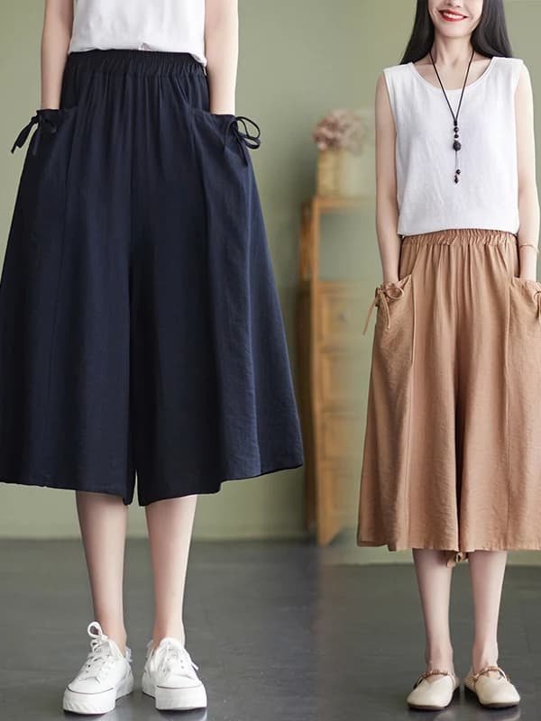 Pantaloni a Gamba Larga a Sette Ottavi, Tinta Unita, Drappeggiati, Casual, a Gonna, per Donne Curvy, Vita Alta, Stile Coreano, Abbigliamento Estivo