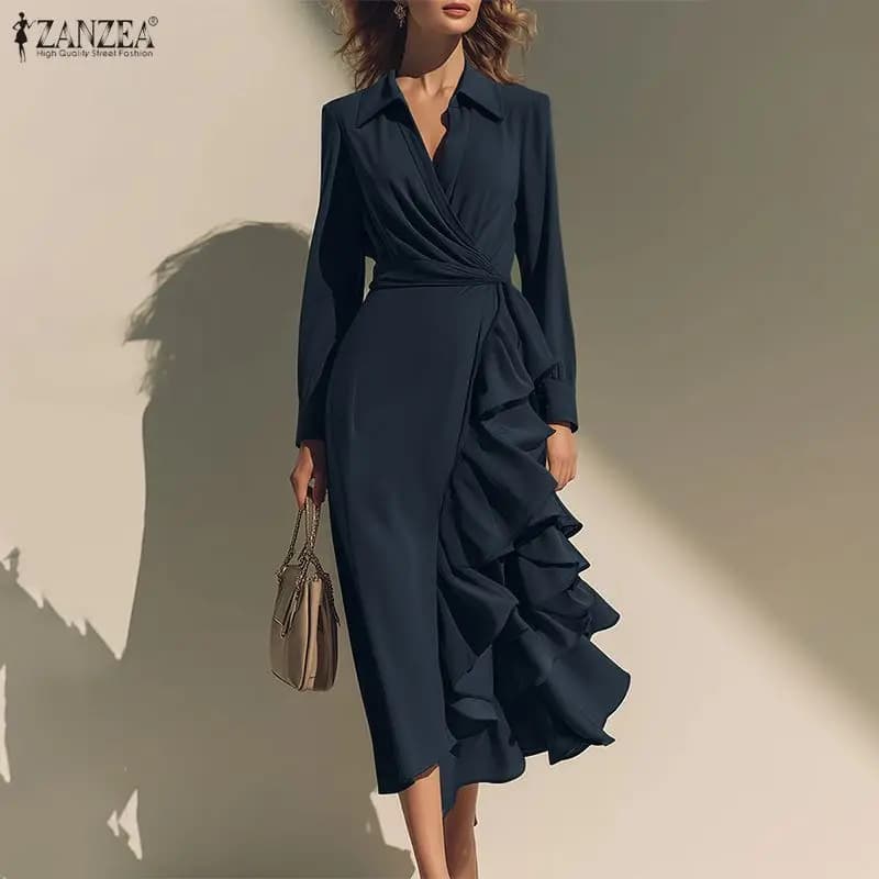 ZANZEA Abiti da Donna alla Moda Eleganti Casual a Maniche Lunghe con Volant Midi Vestito Estivo 2026 Primavera Tinta Unita per Feste Streetwear Vestidos Robe