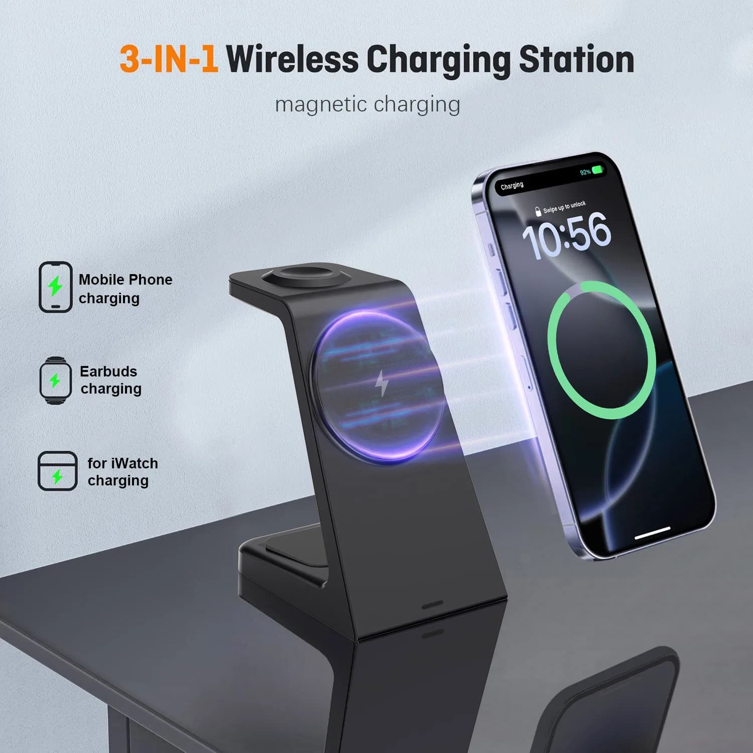 Stazione di ricarica wireless magnetica 3 in 1 per iPhone 12/11 AirPods 2/3/4/Pro iWatch 10/9/8/7/6/5/4/3/2 Dispositivo