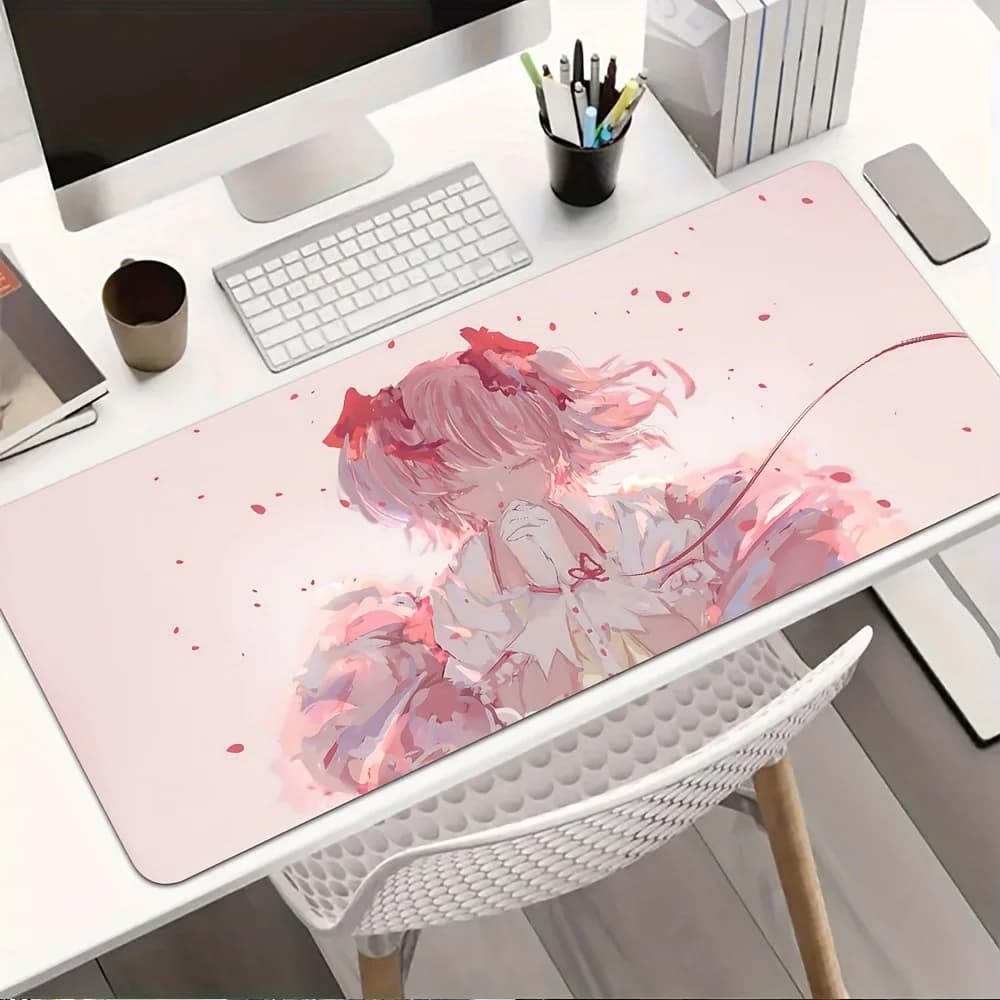 1pc Pink Magical Girl Gaming Mouse Pad, Non-Slip Office Desk Mat, Petal Aesthetic with Red Bows, Water-Resistant Keyboard Pad